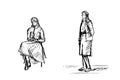 Vector set of two black and white sketches. Girls in clothes: sitting, standing at the floor turnover.